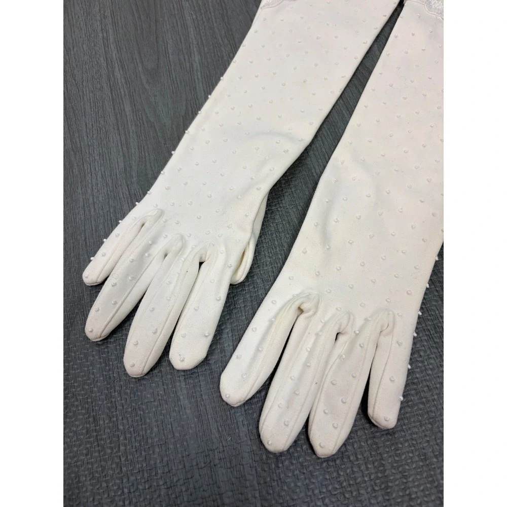 Invicta Opera Gloves 6.5 White Vintage Beaded Cotton Mid Century Formal Wedding